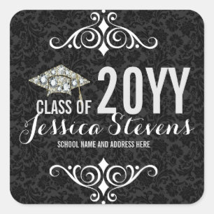 Black Damasks Faux Damions Graduation Hat 2b Square Sticker
