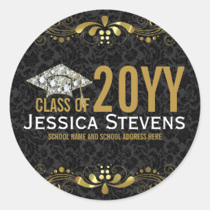 Black Damasks Faux Gold Lace & Diamonds Grad Hat Classic Round Sticker