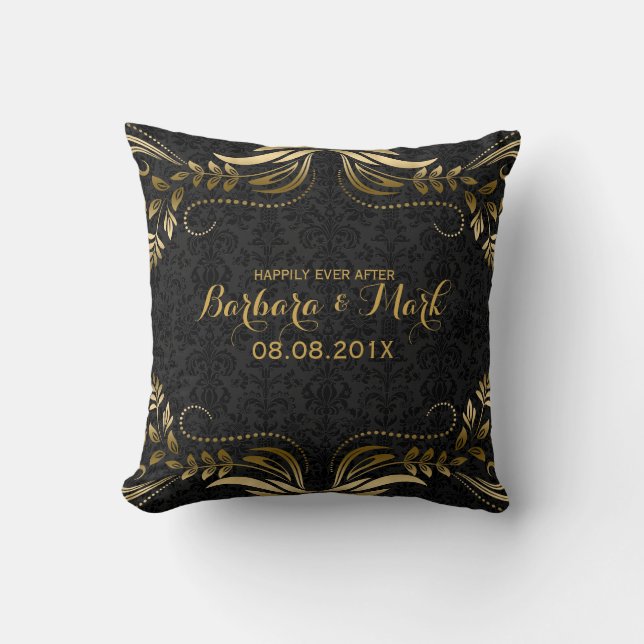 Black Damasks & Gold Floral Lace Cushion (Front)