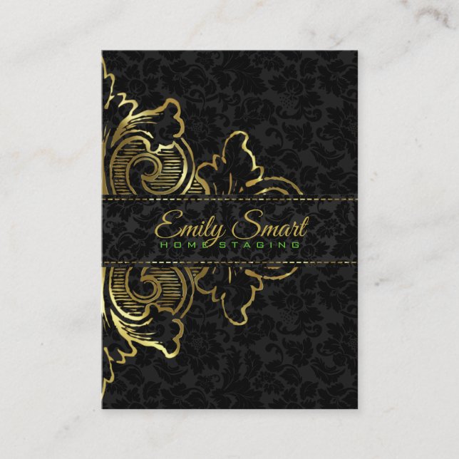 Black Damasks Gold Floral Ornament Business Card (Front)