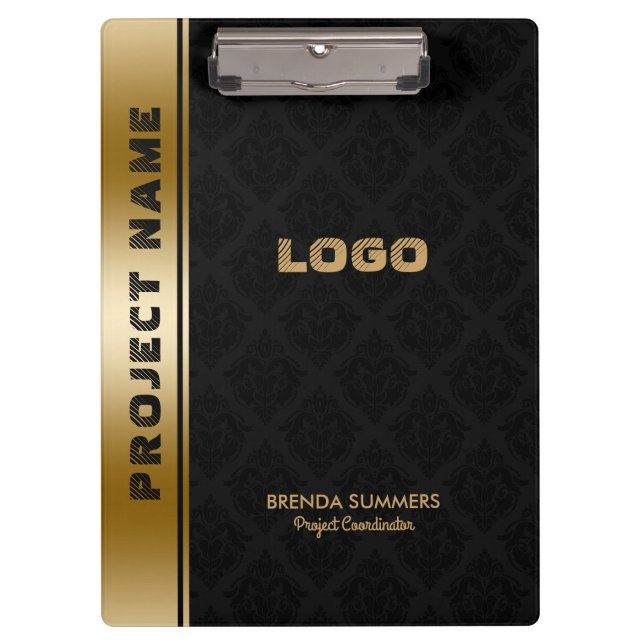 Black Damasks Pattern Gold Stripe Accent Clipboard (Front)