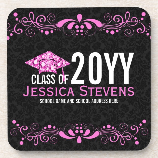 Black Damasks Pinke Lace & Diamonds Hat Grad 2015 Coaster (Front)