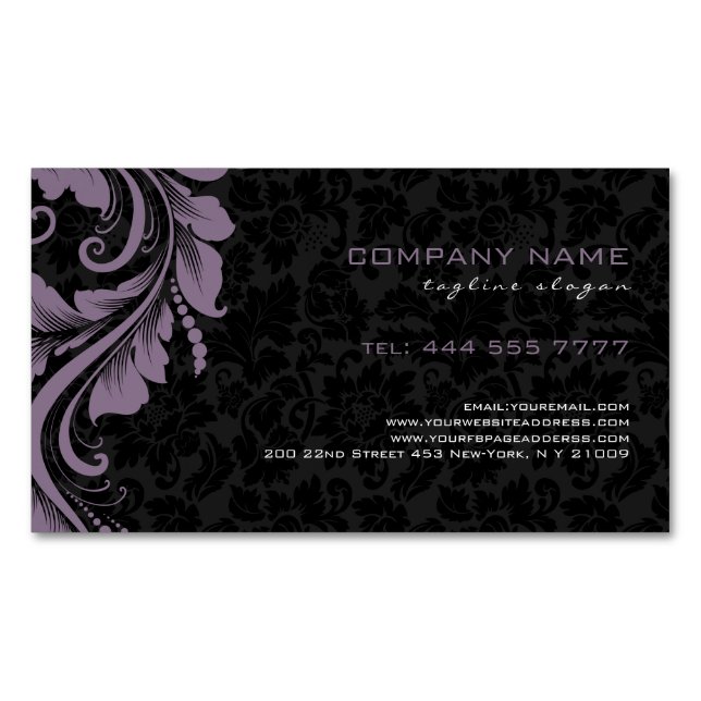Black Damasks & Purple Floral Ornament Magnetic Business Card (Front)