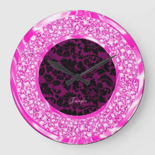 Black Damasks Sparkling Pink Diamonds Glitter Large Clock