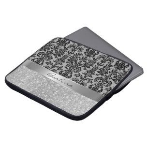 Black Damasks White Diamond Pattern Glitter Laptop Sleeve
