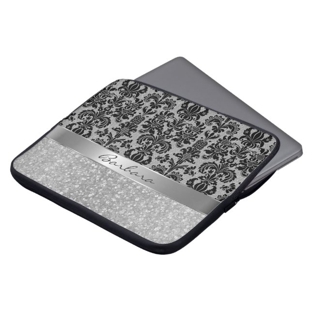 Black Damasks White Diamond Pattern Glitter Laptop Sleeve (Front Top)