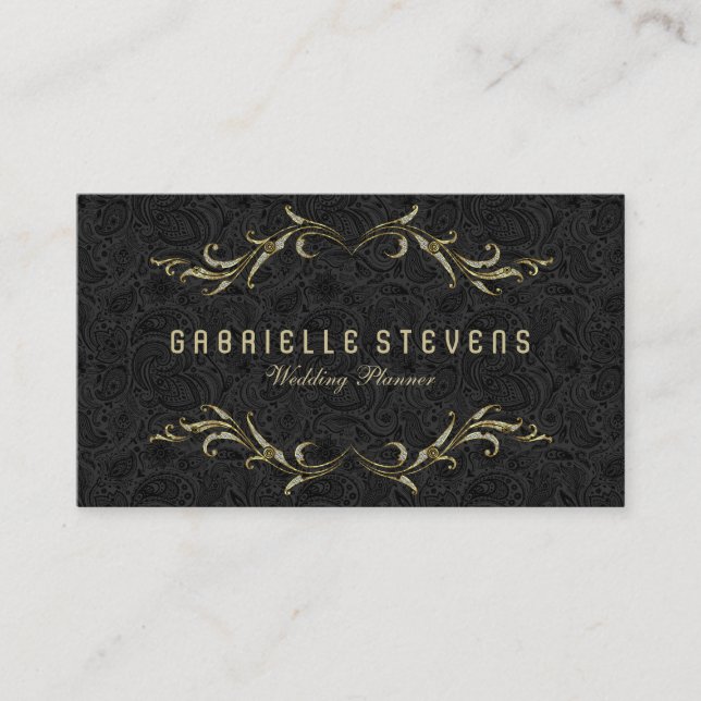 Black Damasks With Glitter Floral Frame Business Card (Front)