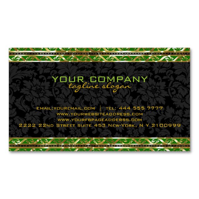 Black Damasks With Green And Gold Retro Border Magnetic Business Card (Front)