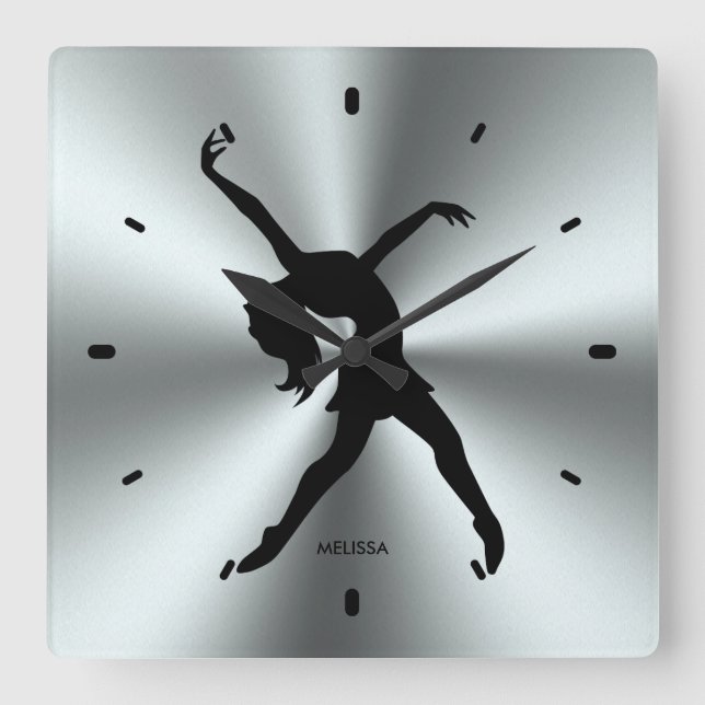 Black Dancer Silhouette On Stainless Steel Print Square Wall Clock (Front)