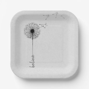 Black Dandelion Believe Inspiration Paper Plate