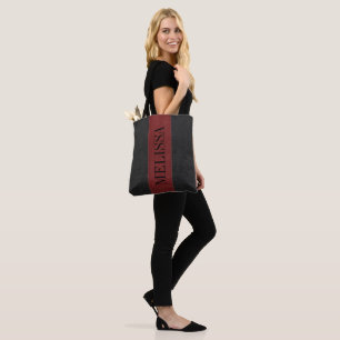 Black & Dar-Red Stitched Leather Texture Tote Bag