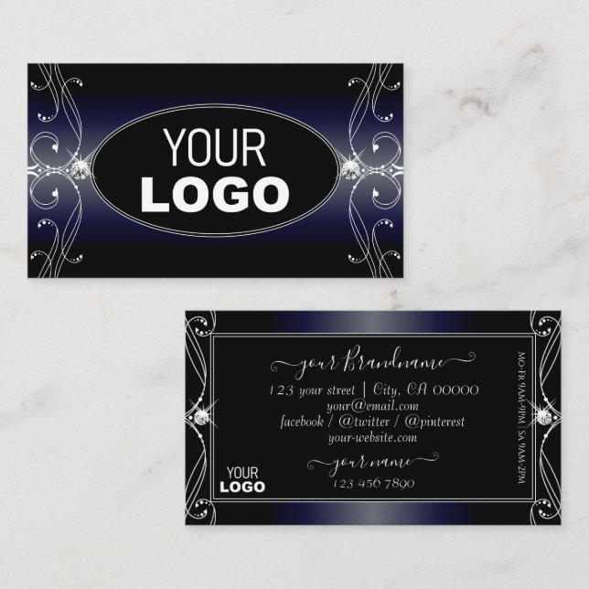 Black Dark Blue Ornate Sparkling Diamonds Add Logo Business Card (Front/Back)