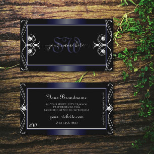 Black Dark Blue Ornate Sparkling Diamonds Monogram Business Card