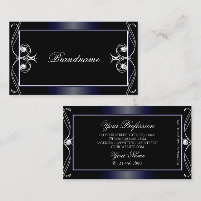 Black Dark Blue Ornate Sparkling Diamonds Ornament Business Card (Front/Back)