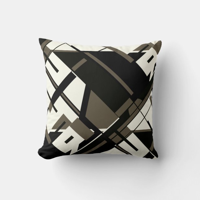 Black Dark Brown White Diagonal Geometric Abstract Cushion (Front)