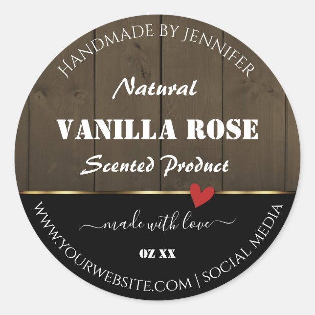 Black Dark Brown Wood Grain Product Labels Heart (Front)