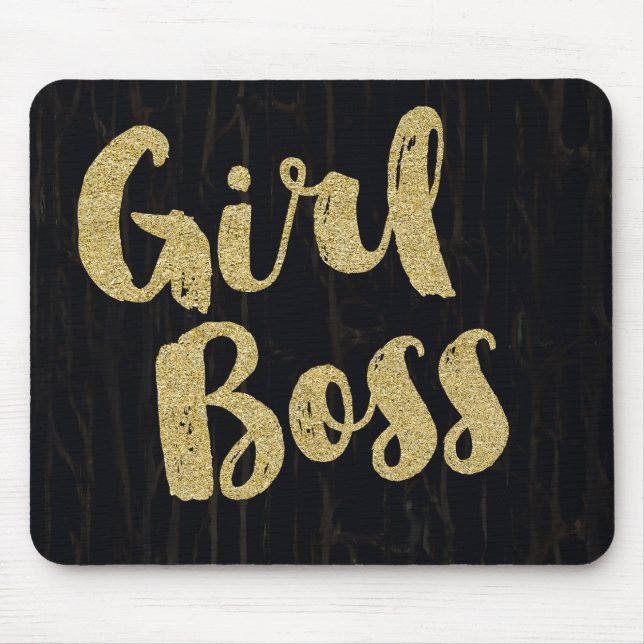 Black Dark Cracked Wood GIRL BOSS Faux Gold Office Mouse Mat (Front)