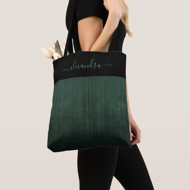 Black Dark Green striped ombre elegant personalise Tote Bag (Close Up)