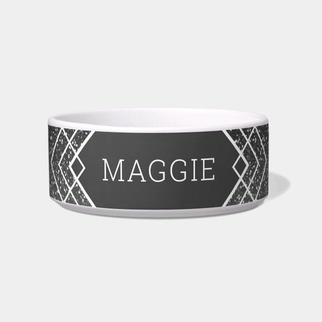 Black Dark Grey Glitter Art Deco Custom Pet Bowl (Front)