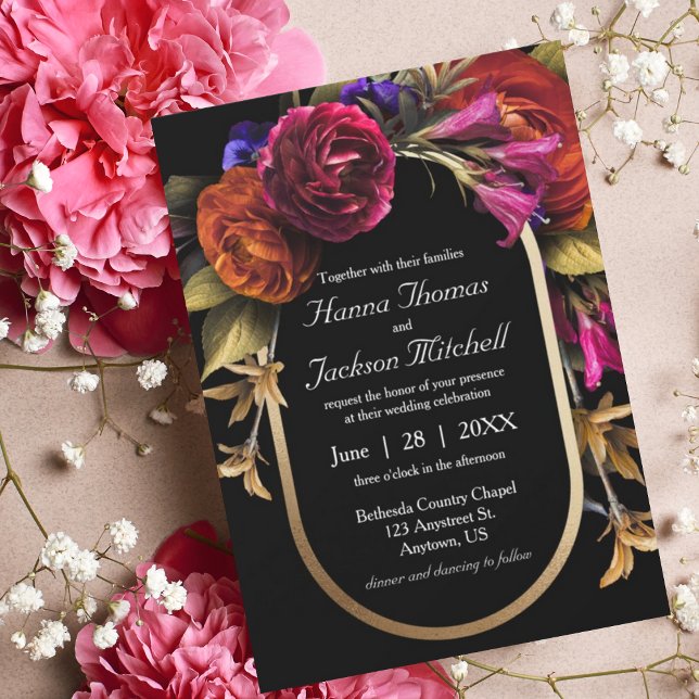 Black Dark Moody Elegant Floral Autumn Wedding Invitation (Creator Uploaded)