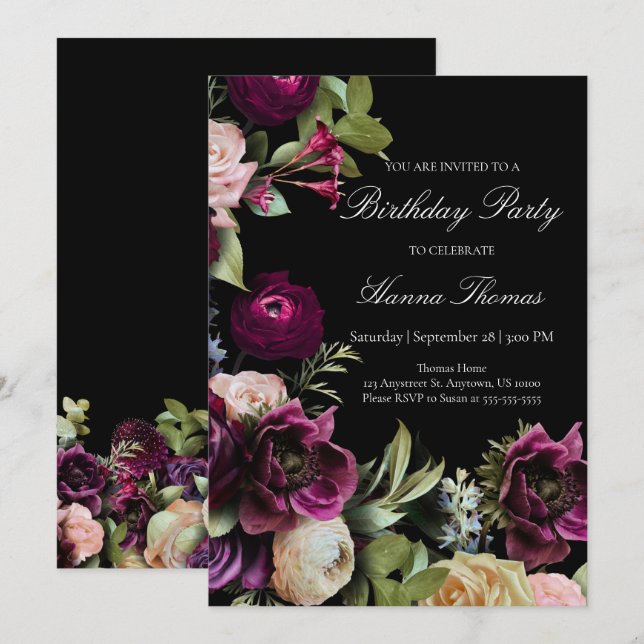 Black Dark Moody Elegant Floral Birthday Party Invitation (Front/Back)
