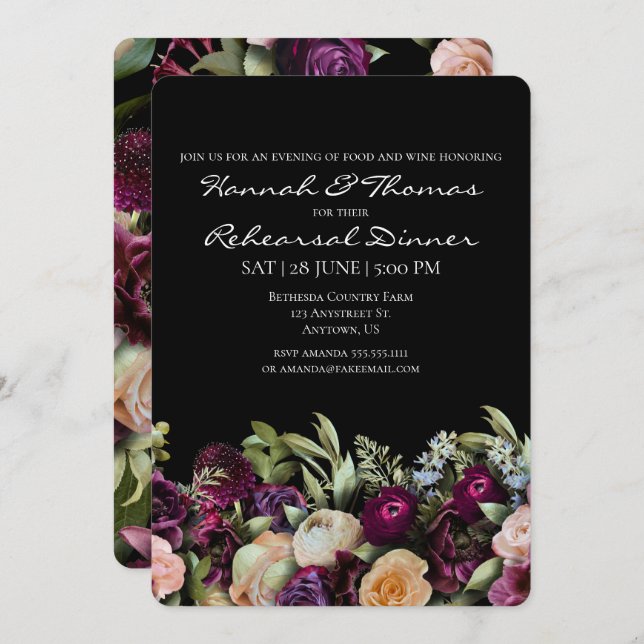 Black Dark Moody Elegant Floral Rehearsal Dinner Invitation (Front/Back)