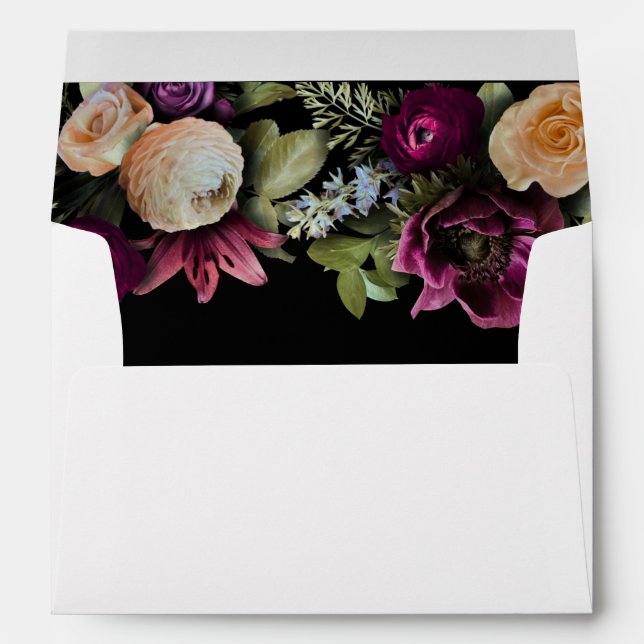 Black Dark Moody Elegant Floral Wedding Envelope (Back (Bottom))