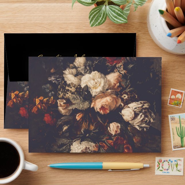 Black Dark Moody Wedding Floral Envelope Liner (Desk)