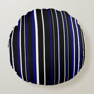 Black, Dark Navy Blue, and White Barcode Stripe Round Cushion