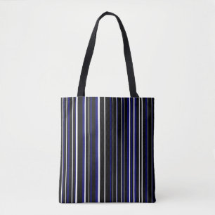Black, Dark Navy Blue, White Barcode Stripe Tote Bag