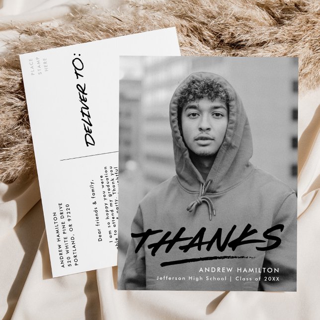 Black Dashed Modern Photo Graduation Thank You Postcard (Creator Uploaded)