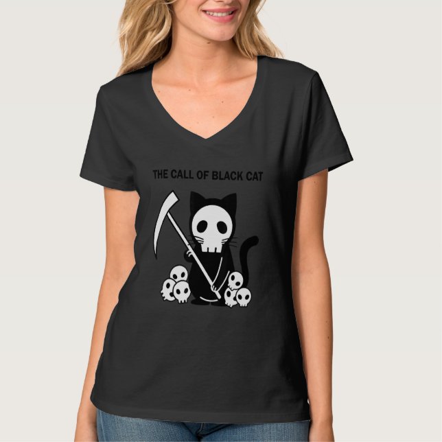 Black Dead God Cat With Skulls T-Shirt (Front)