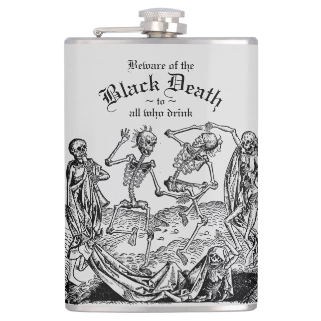 Black Death Dancing Skeletons Gothic Macabre Hip Flask (Front)