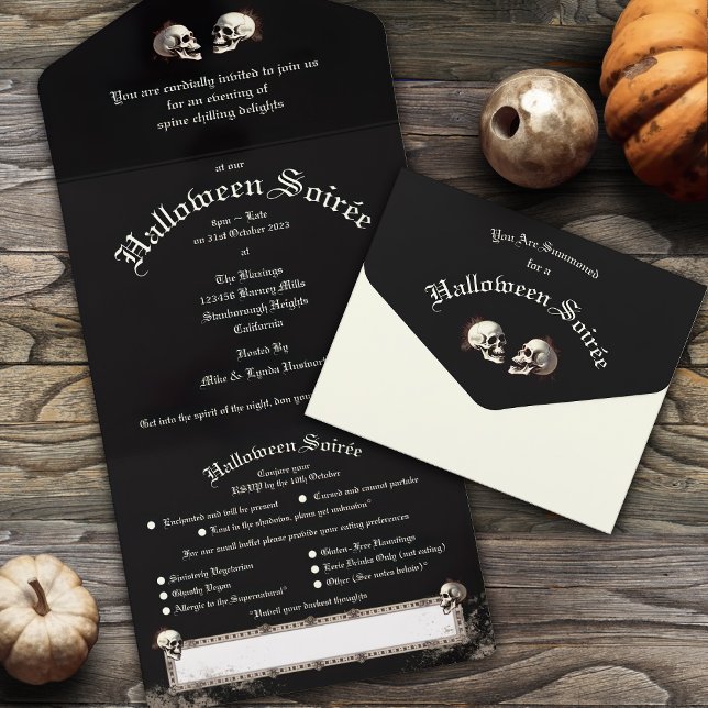 Black Death Dancing Skeletons Halloween All In One Invitation (Enter the realm of Halloween's macabre delight with our Dance Macabre - Dancing Skeletons invite.)