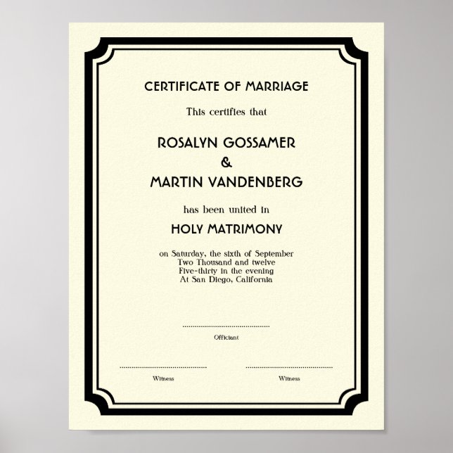 Black Deco frame keepsake wedding certificate ecru Poster (Front)