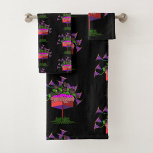 Black Deco Potted Flowers  Bath Towel Set