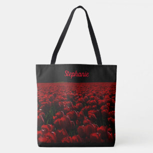black & deep burgundy red, flowers, your name tote bag