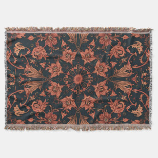 Black & Deep Orange Floral Damask Throw Blanket