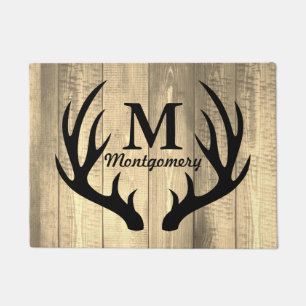 Black Deer Antlers Barn Wood Planks - Personalised Doormat