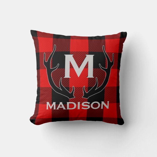 Black Deer Antlers Monogram Red Buffalo Check Cushion (Front)