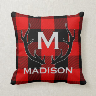 Black Deer Antlers Monogram Red Buffalo Check Cushion