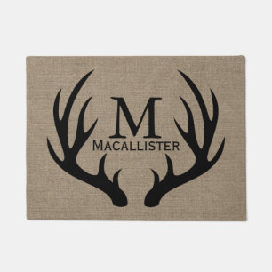 Black Deer Buck Antlers & Faux Burlap Family Name Doormat