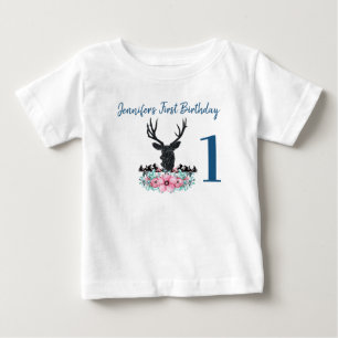 Black Deer Head Pink Flowers & Mountains Birthday Baby T-Shirt