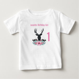 Black Deer Head Pink Flowers & Mountains Birthday Baby T-Shirt