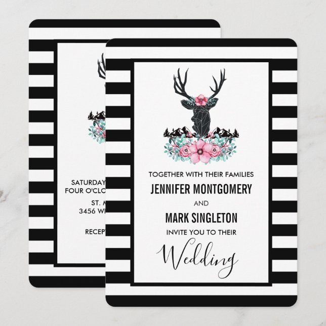 Black Deer Head w/ Florals & Mountains Wedding Invitation (Front/Back)