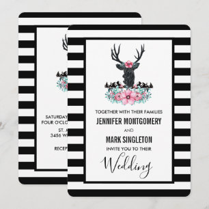 Black Deer Head w/ Florals & Mountains Wedding Invitation