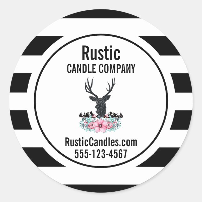 Black Deer Head w/ Flowers & Mountains Business Classic Round Sticker (Front)