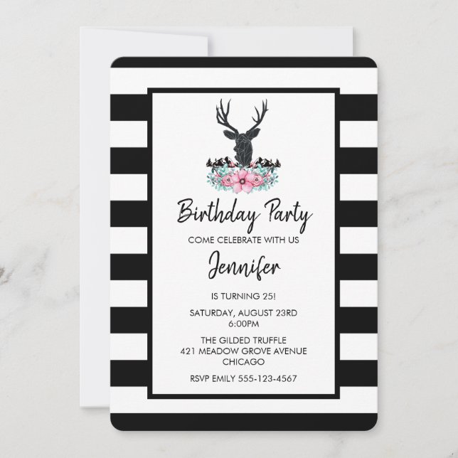 Black Deer Head w/ Pink Flower Bouquet Birthday Invitation (Front)