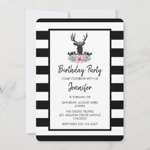 Black Deer Head w/ Pink Flower Bouquet Birthday Invitation