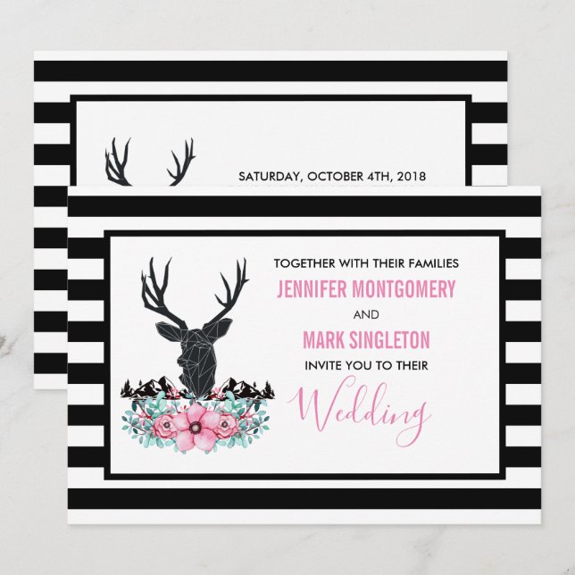 Black Deer Head w/ Pink Flowers & Mountain Wedding Invitation (Front/Back)
